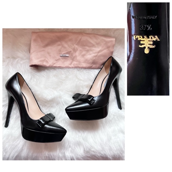 Prada Shoes - PRADA Logo Smooth Leather Bow Accents Platform Pumps